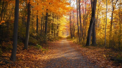 Obraz premium Autumn Forest Path: Golden Canopy, Sunlit Trail, Serene Landscape