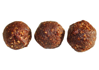 Cocoa balls that also contain dates, hazelnut cake, cashew kernels, and other ingredients
