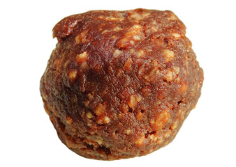 Cocoa ball that also contains dates, hazelnut cake, cashew kernels, and other ingredients