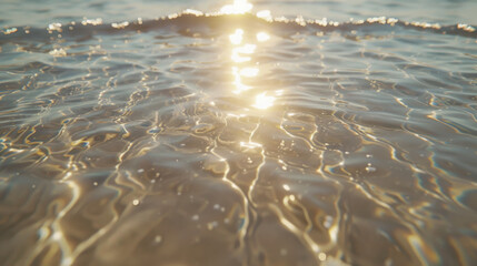 shimmering sunlight reflects off gentle waves of ocean, creating tranquil and serene atmosphere. clear water showcases beautiful ripples and patterns