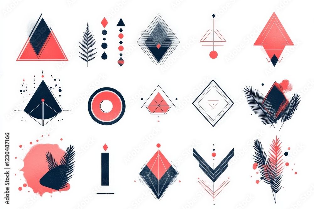 Aufkleber geometric designs featuring triangles, circles, and abstract shapes in striking red and black color 