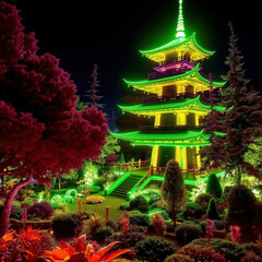 Fototapeta premium A striking pagoda shines brightly in neon colors against the night sky, surrounded by a beautifully landscaped garden filled with vibrant plants and trees