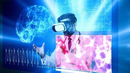 Professional doctor with VR headset analyzing and diagnosis brain anatomy holographic. Professional...