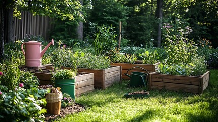 Serene Garden with Colorful Flowers and Wheelbarrow