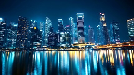 Obraz premium Stunning Nighttime Cityscape with Illuminated Skyscrapers Reflecting on Calm Water