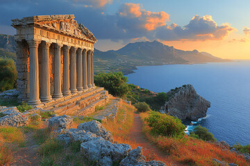 Obraz premium Ancient Greek Temple Sunset Coastal View