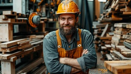 Bearded craftsman surveys industrial lumber facility. Skilled tradesman with full facial hair wears protective gear while monitoring wood inventory. Static wide shot.