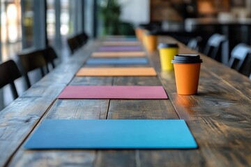 Colorful placemats and coffee cups arranged on a wooden table in a modern cafe setting during morning hours