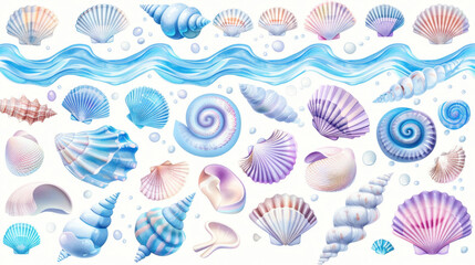 Colorful seashells and ocean waves create serene coastal scene, showcasing various shell shapes and sizes in soft pastel hues. Perfect for beach themed decor