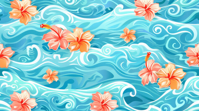 Bright hibiscus flowers float on vibrant blue waves, creating tropical paradise feel. swirling patterns evoke sense of calm and relaxation, perfect for summer vibes