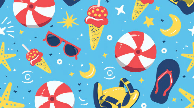 Colorful summer pattern featuring ice cream cones, beach balls, sunglasses, and flip flops, evoking fun and playful beach vibe