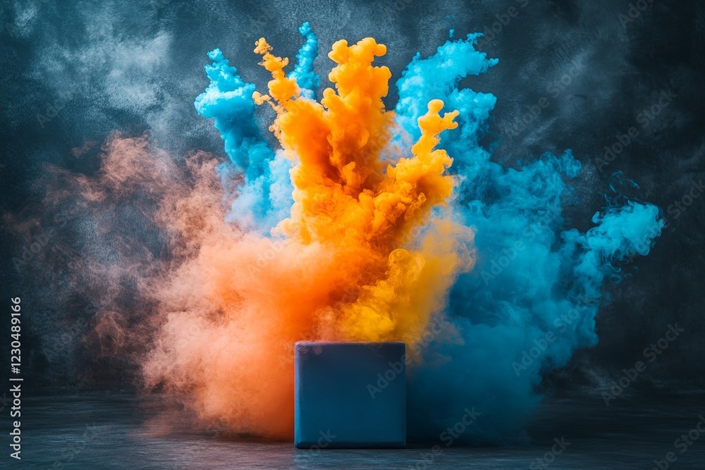 Aufkleber colorful smoke bursts from a cube creating an artistic explosion in a dramatic environment