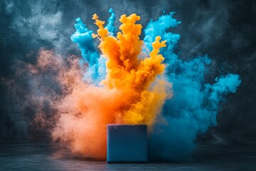 Colorful smoke bursts from a cube creating an artistic explosion in a dramatic environment
