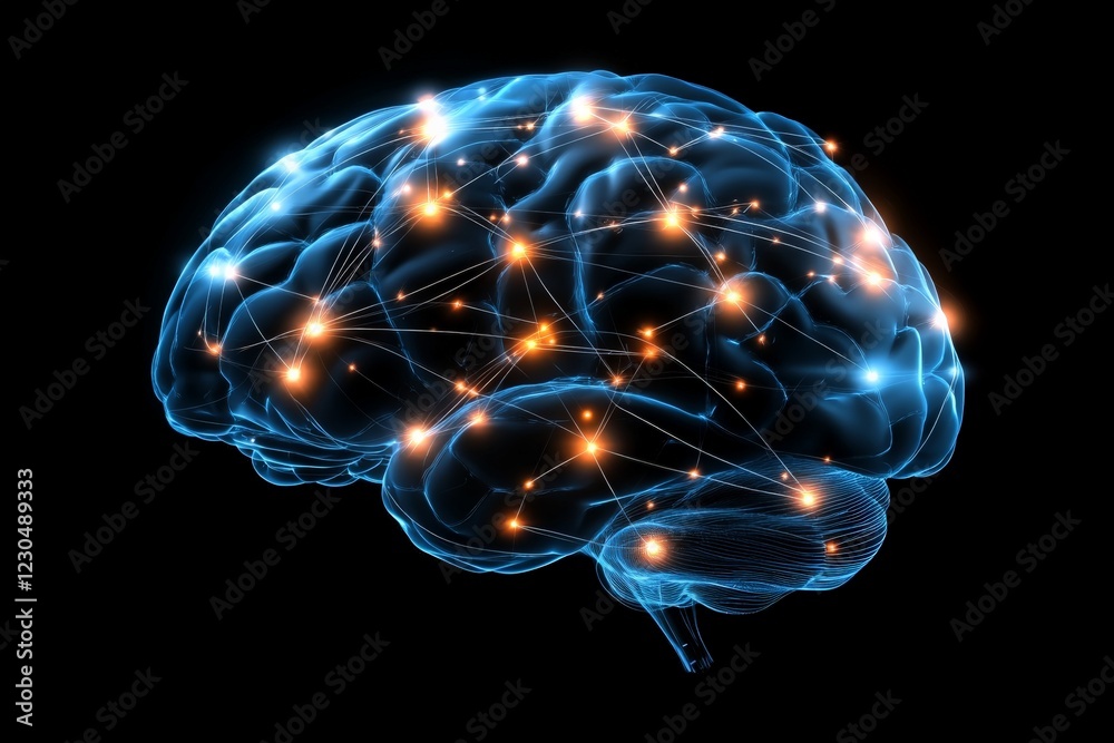 Poster Digital representation of a human brain highlighting neural connections and activities in a vibrant blue and orange design