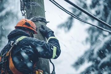 Lineman Dressed for Storm Repair on Utility Pole