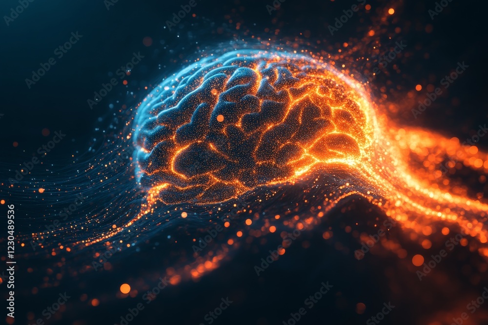 Aufkleber vibrant depiction of a brain illuminated in blue and orange colors showcasing neural activity in a d