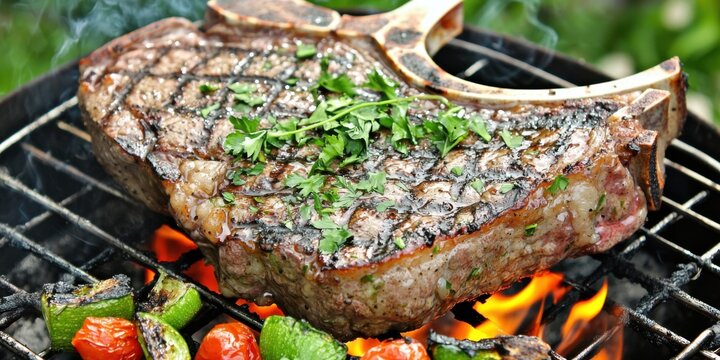 Grilled Bone-In Steak with Fresh Herbs and Colorful Vegetables - Powered by Adobe