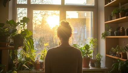 Golden Hour Serenity: Woman Contemplating Sunset Through a Window Filled with Houseplants
