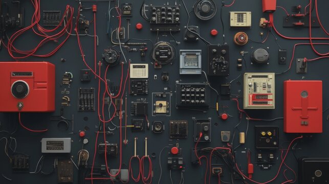 Complex network of vintage electronics and red wires on dark background.