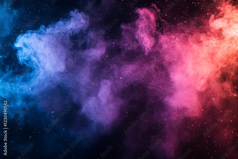 Poster vibrant cosmic nebula with swirling clouds of pink and blue colors in the vastness of outer space