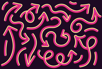 vibrant neon vector design featuring arrows in various shapes and directions. arrows have glowing gradient effect, combining light hues of yellow, orange, and pink on a dark background.