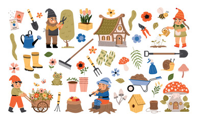 Garden gnomes and elements. Cute people in dwarf hats, decorative figurines and tools, rakes, watering cans, scissors, shovels, vector set