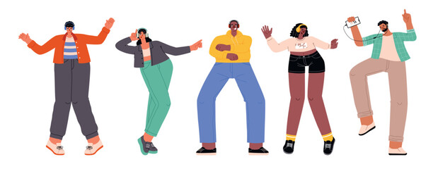 Group of young people listen music and dance. Funny guys and girls wearing headphones, cartoon melomaniacs characters, vector illustration