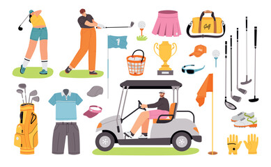 Golf elements and players characters. Sports equipment, different types clubs, ball, bag and golf cart, people, game attributes, vector set