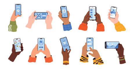 Hands hold smartphones. Fingers touch mobile phone screens with different apps and functions, social media, maps, music, video, vector set