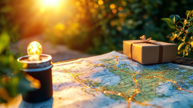 Vintage Map with Sparkling Light and Gift Box Under Sunset Glow