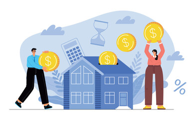 House purchase. Happy couple invest money in of new real estate, gradual repayment of mortgage loan, family buys home, vector illustration