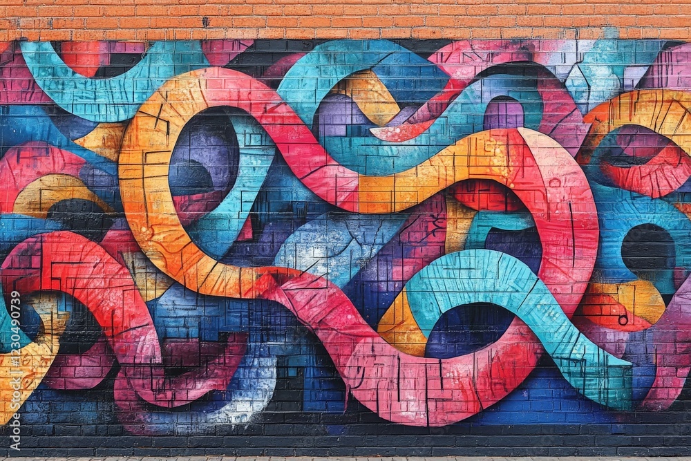 Poster colorful abstract mural with swirling patterns on a brick wall in an urban setting