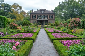 A sprawling estate garden with perfectly manicured flowerbeds, the vibrant colors of the flowers standing out against the neatly trimmed hedges, creating a scene of elegance and beauty