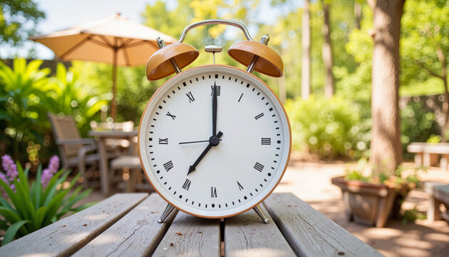 Daylight Saving clock set for adjustment in sunny garden setting, timekeeping