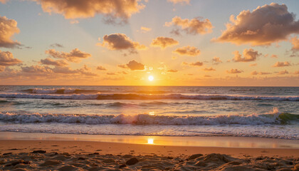 Sunrise over ocean waves at serene beach, beginning of daylight saving