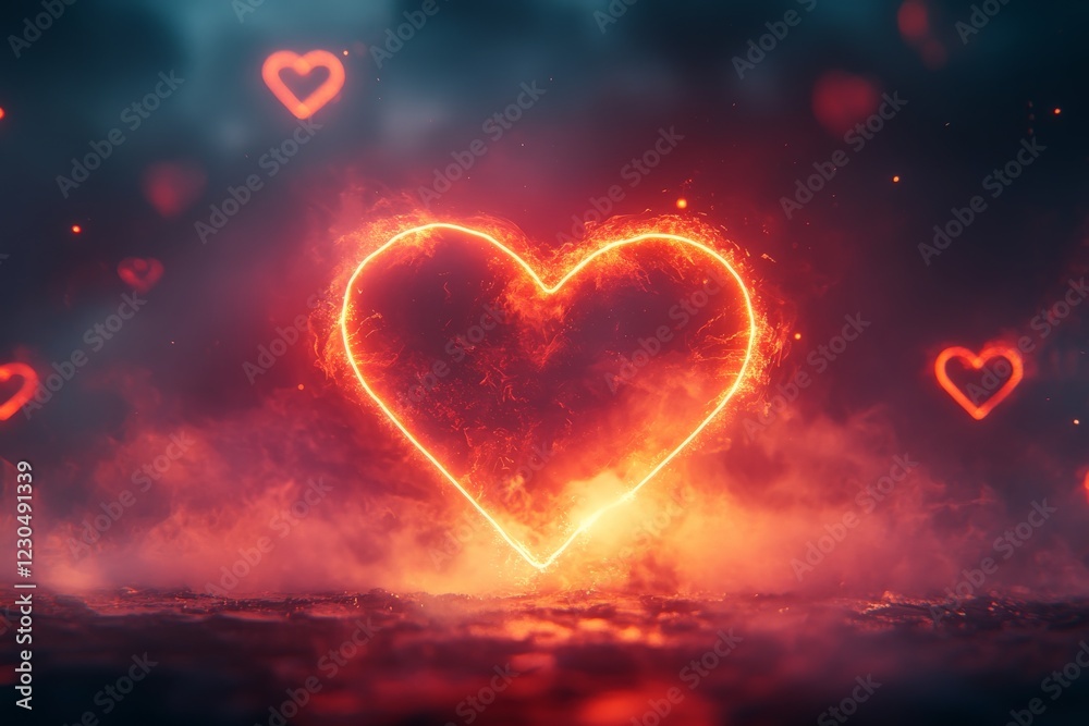 Poster Heart shape illuminated by fiery sparks against a dark, smoky background with heart patterns floating