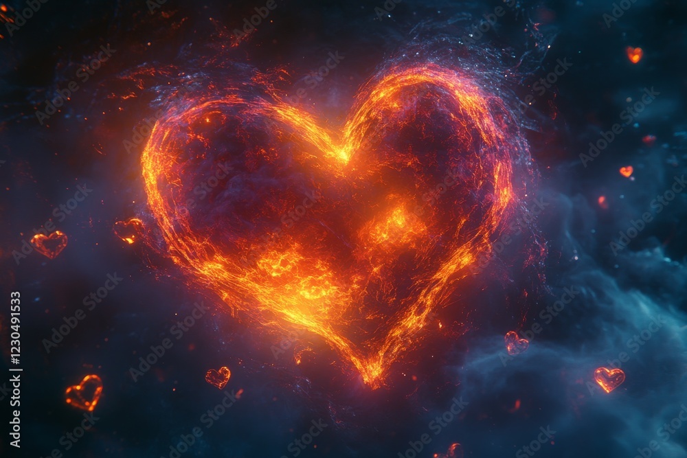 Poster Heart shape formed by glowing lava in an ethereal cosmic background with smaller hearts floating around