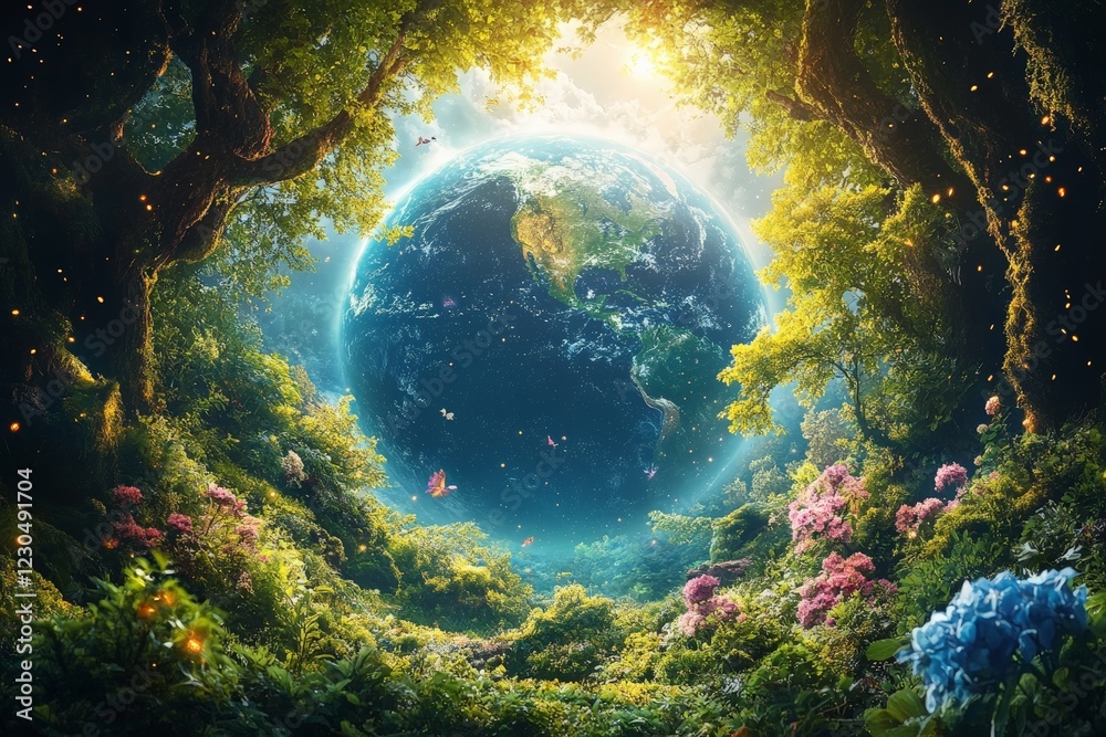 Poster vibrant forest landscape with a glowing earth surrounded by colorful flora and enchanting light effe