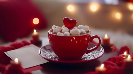 A Valentine's Day-themed coffee table, with a red cup of hot cocoa topped with heart-shaped marshmallows, a love letter, and soft, warm lighting