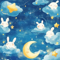 Sleepy Bunnies Dreaming Among Stars and Clouds