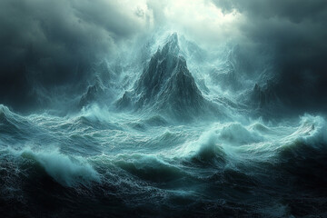 Fototapeta premium Dark Mountains Rise Above Tempestuous Ocean Waves