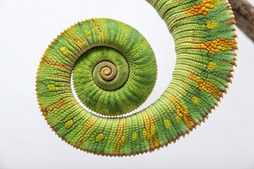 Veiled Chameleon Tail Curl: Panoramic Close-up of Chamaeleo calyptratus on White
