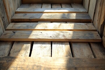 Wooden steps illuminated by sunlight create a rustic atmosphere in a cozy space