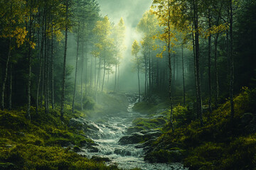 Naklejka premium Misty Forest Stream Autumnal Treescape