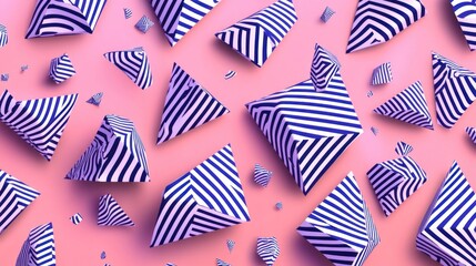 Obraz premium Abstract pink background with scattered blue and white striped pyramids.
