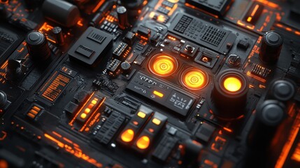 Fototapeta premium Close-up of futuristic circuit board with glowing orange components. (1)