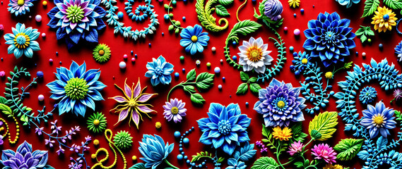 Vibrant Floral Patterns on Red Background - Dynamic Stock Photo for Creative Designs
