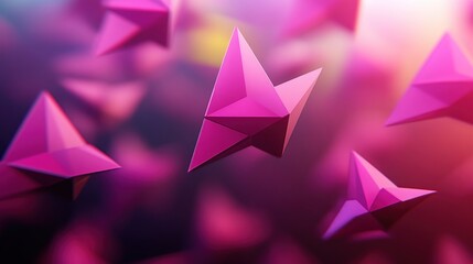 Abstract pink geometric shapes floating in a vibrant background.