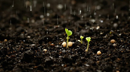 Young Seedlings Sprouting in Fresh Soil Under Gentle Rainfall