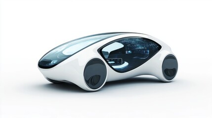 A futuristic car with a blue and white design. The car is parked on a white background. The car has a large window on the front